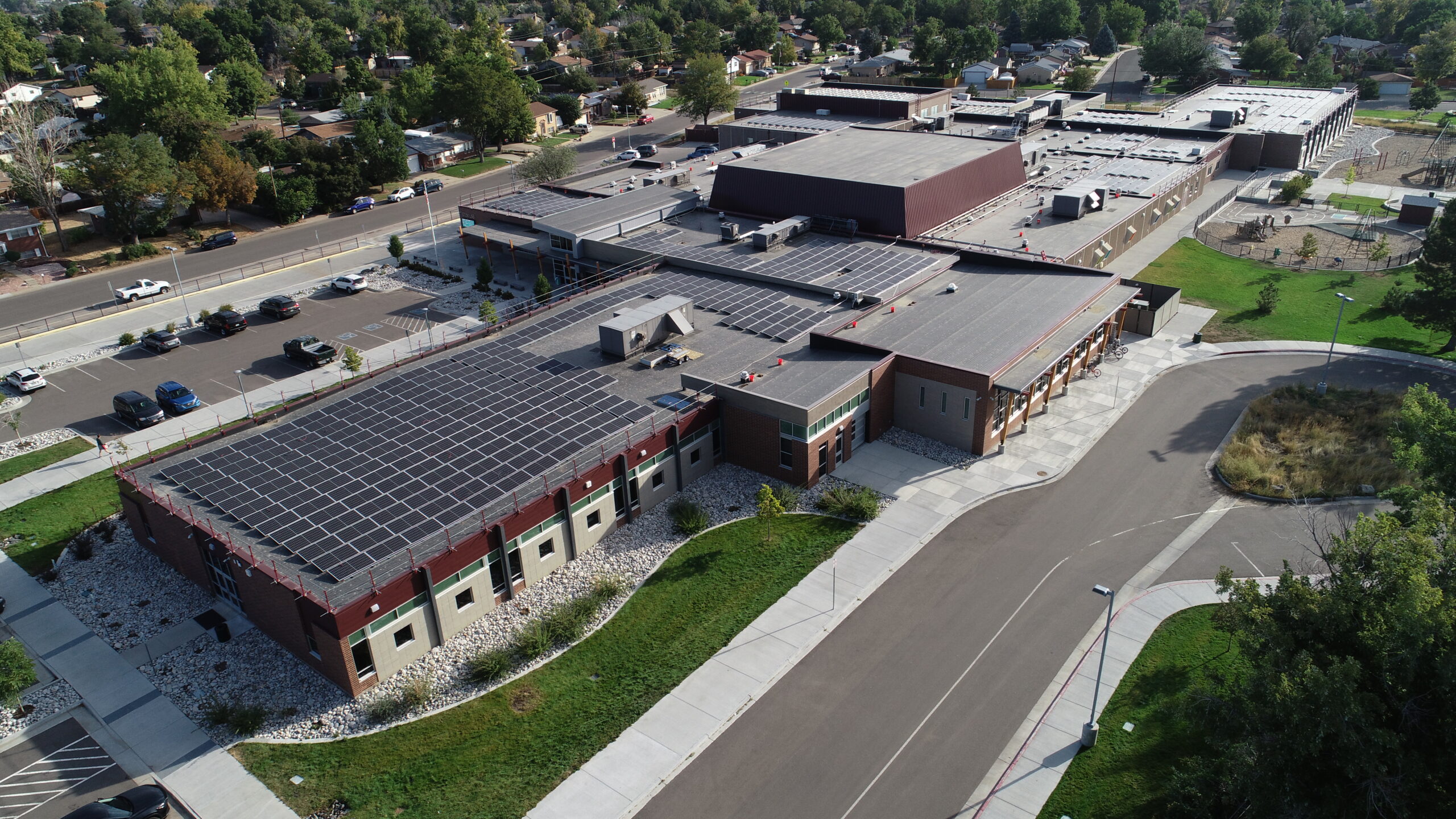 Aerial of School Roof with Solar Panels